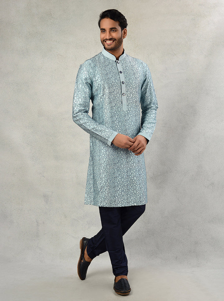 Stylish dusty blue silk kurta pajama, perfect for sangeet and engagement.