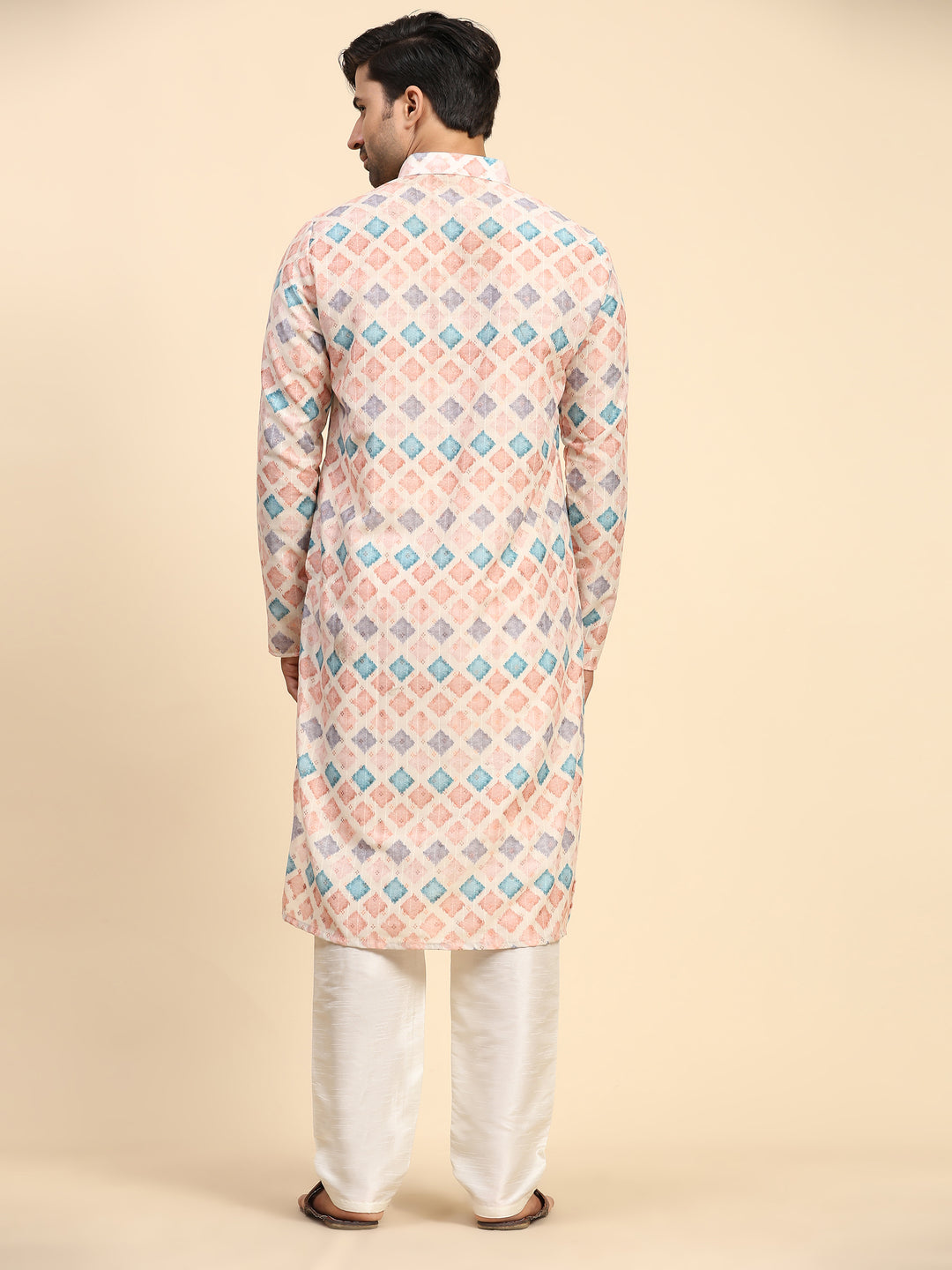 Men’s multi-color kurta pajama set featuring digital print and cream art silk pyjama.