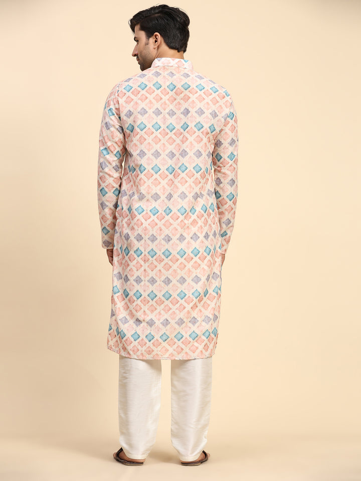 Men’s multi-color kurta pajama set featuring digital print and cream art silk pyjama.