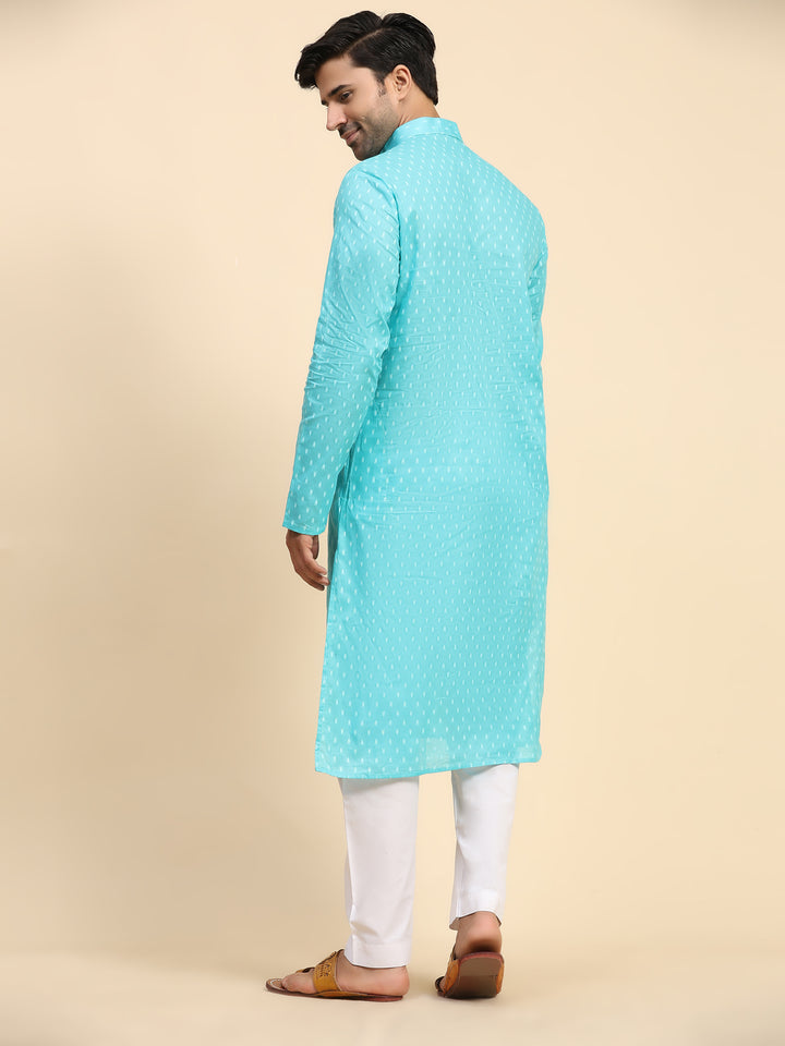 Festive cyan blue kurta pajama set with handwoven motifs for cultural events.