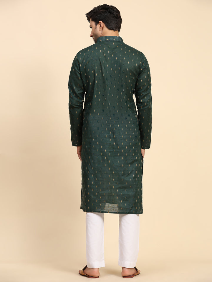 Mehandi green men's kurta set with elegant handwoven designs.