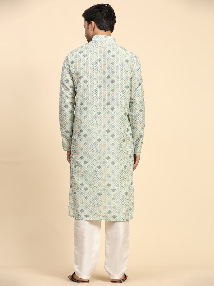 Men’s light green kurta pajama set with digital print for Mehandi and Haldi.