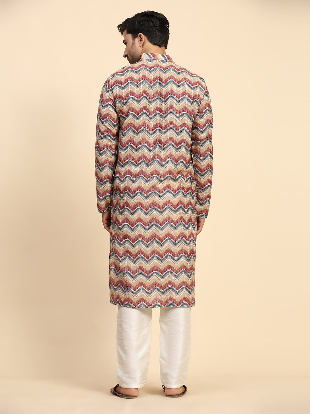 Stylish multicolor kurta set for men with geometric print, ideal for sangeet.