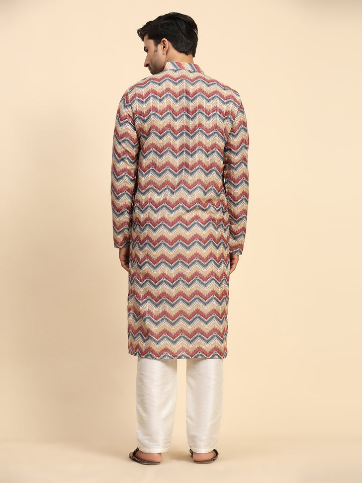 Stylish multicolor kurta set for men with geometric print, ideal for sangeet.