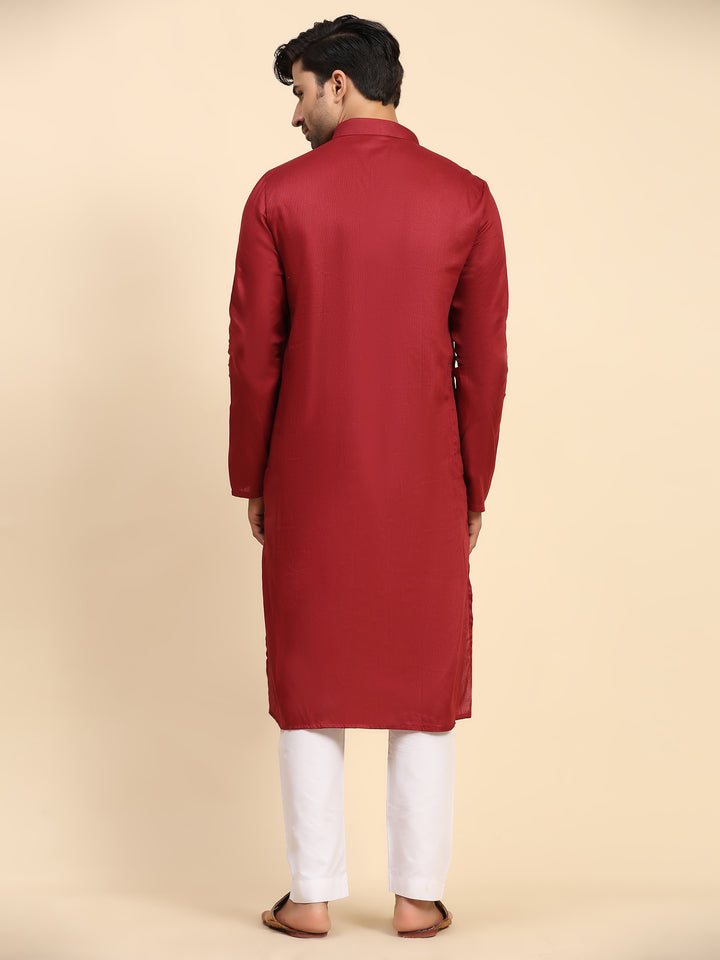 Timeless maroon men’s kurta set with cream art silk pyjama for events.