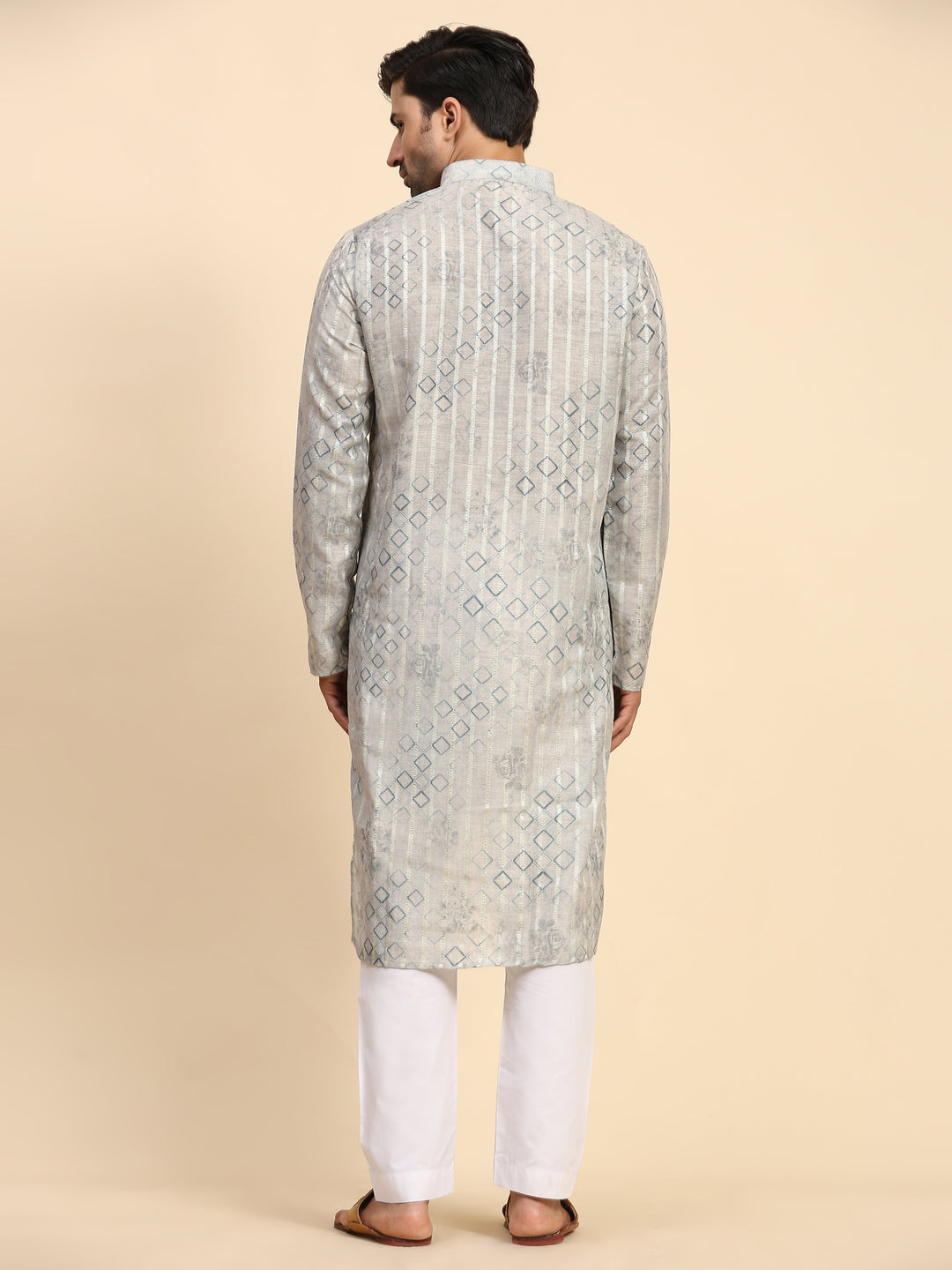 Elegant grey kurta pajama for men with modern print and cream art silk pajama.