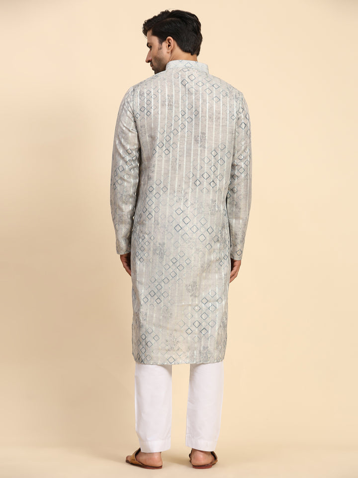 Elegant grey kurta pajama for men with modern print and cream art silk pajama.