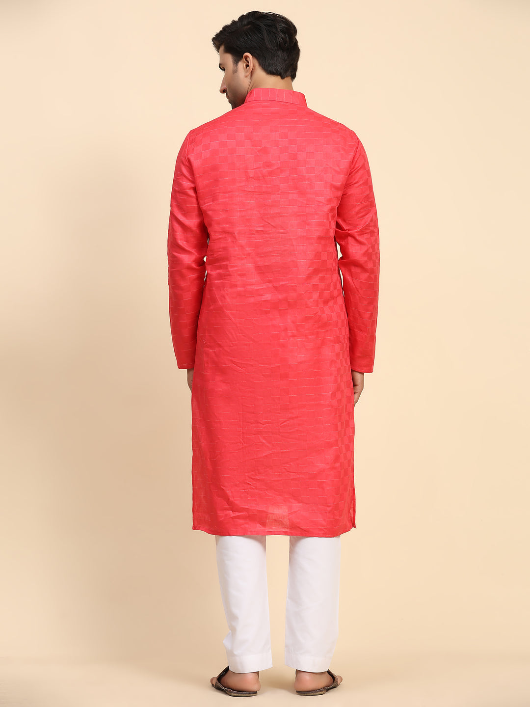 Traditional red kurta pajama set for men, featuring full-weaved design and silk pajama.