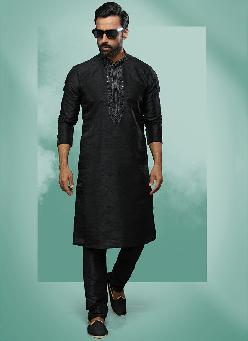 Modern Black Art Silk Kurta Pajama | Luxury Attire for Weddings & Special Moments