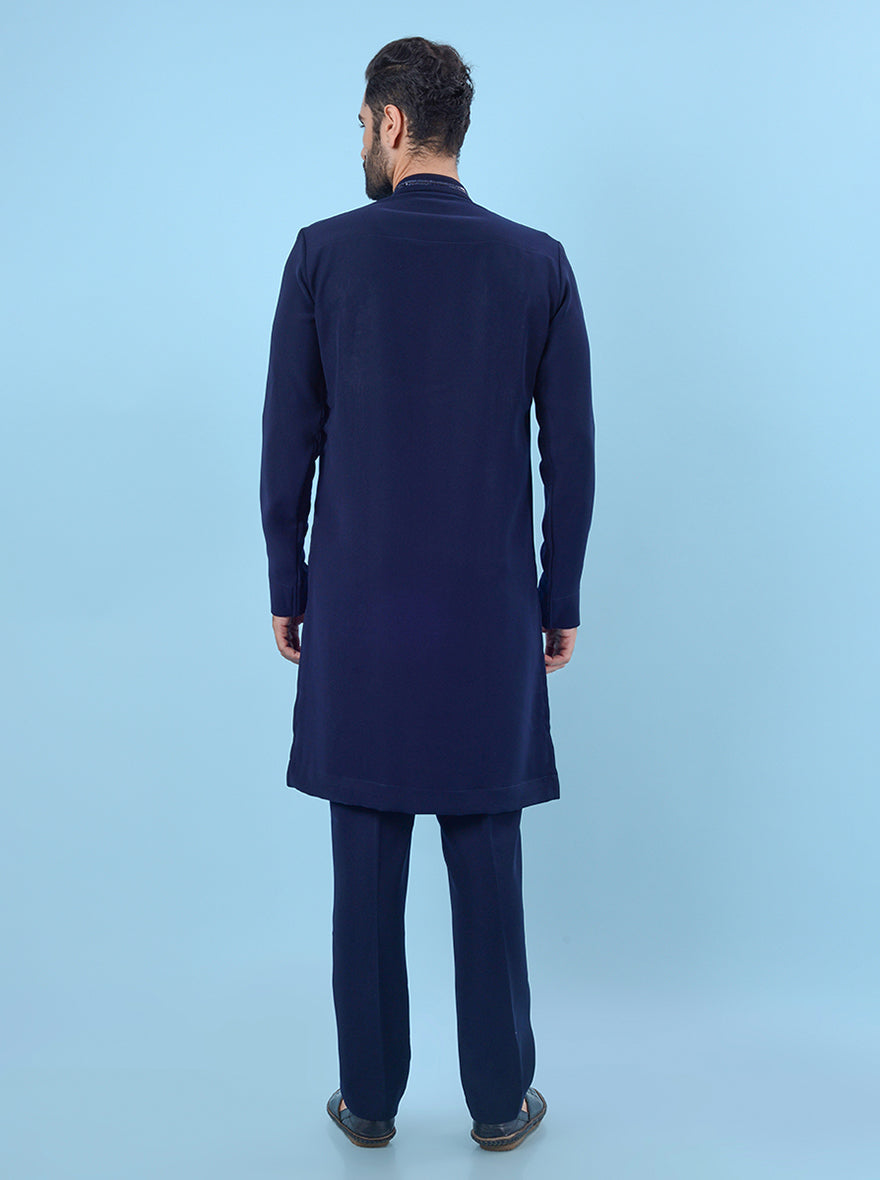 Traditional blue sun silk kurta pajama set for men, offering embroidered work for a sophisticated look.