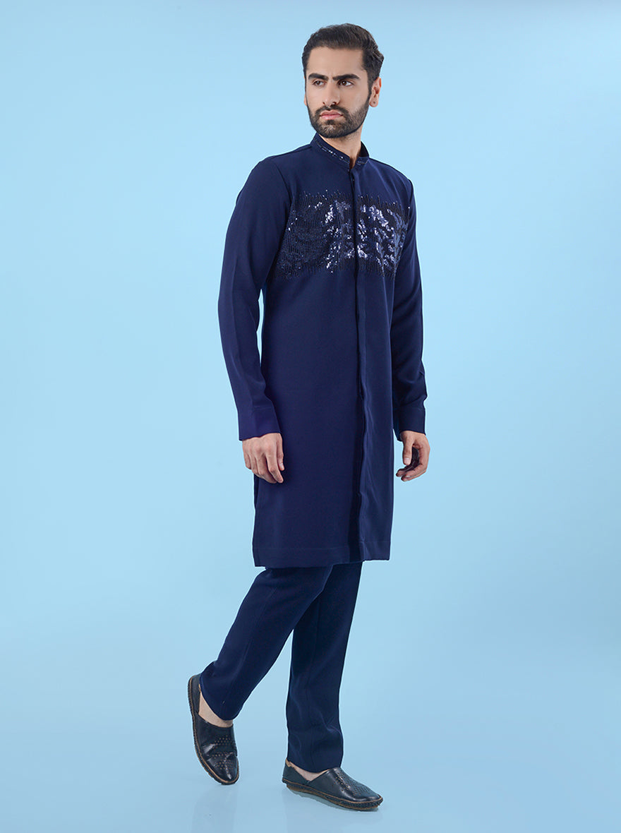 Elegant blue sun silk kurta pajama for men, featuring beautiful embroidery for weddings and festivals.