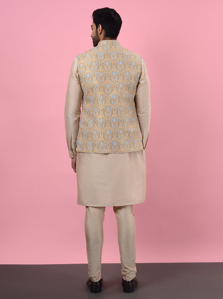 Ideal for gatherings, this Fawn Kurta Set with Koti adds elegance to any look.