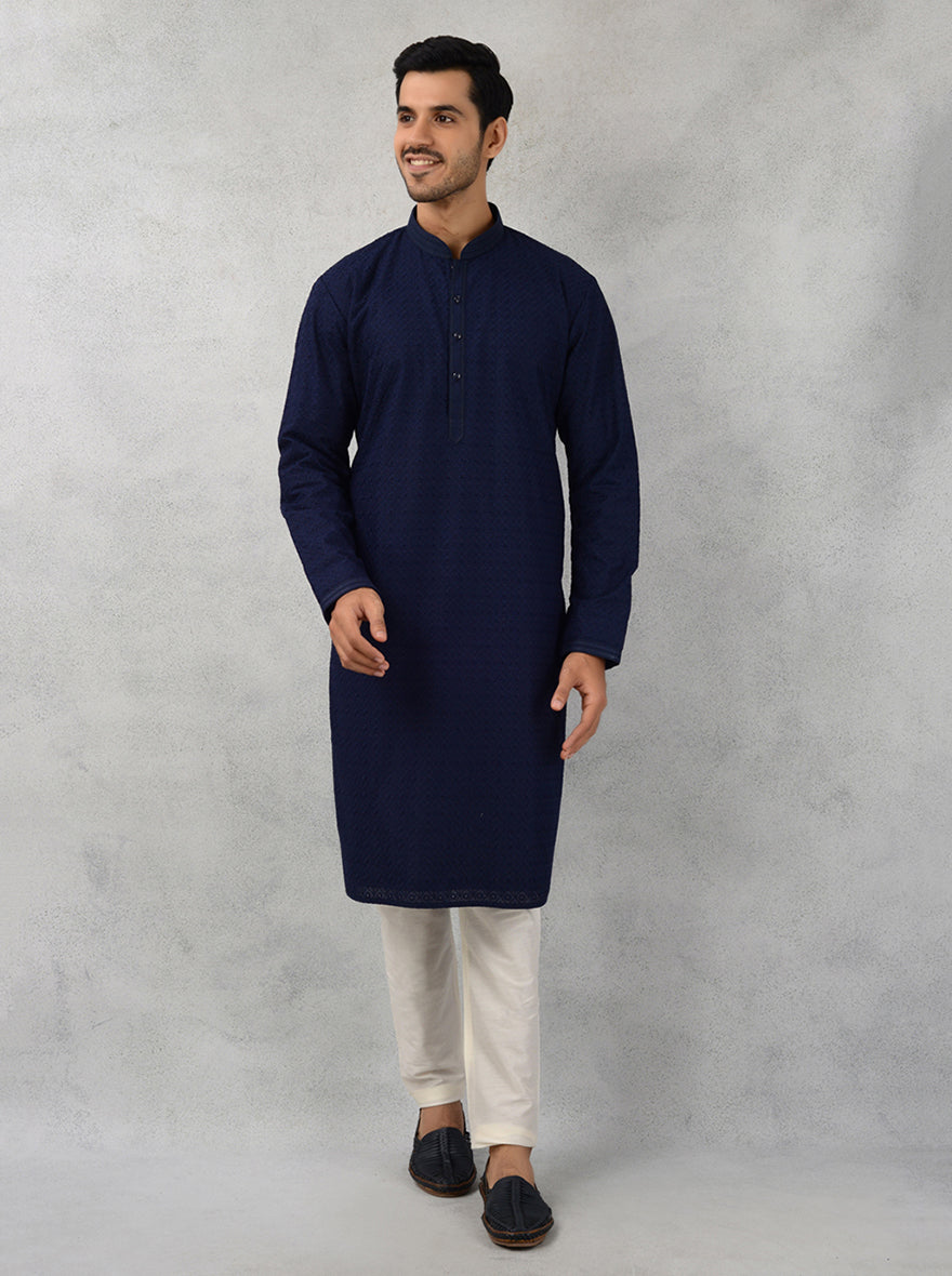 Navy Blue Silk Blend Kurta Pajama with Embroidery for Men