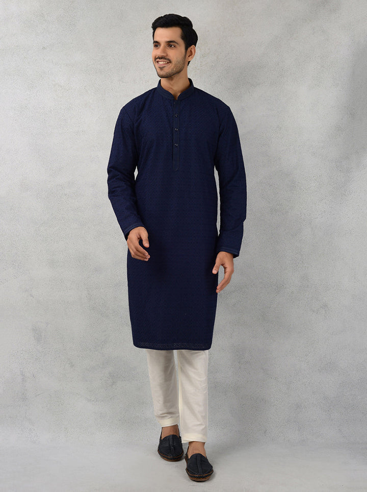 Designer navy kurta pajama combining comfort and elegance.