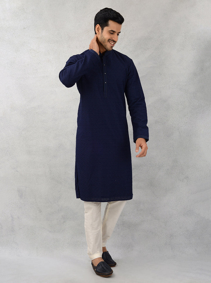 Elegant Men’s Navy Blue Silk Kurta Pajama for Weddings