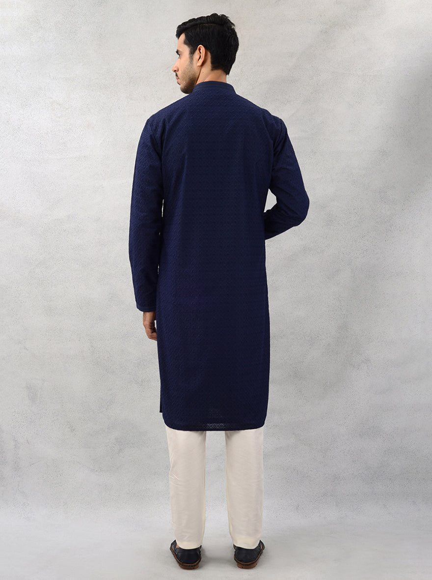 Navy Blue Embroidered Kurta Pajama Set for Men’s Formal Wear