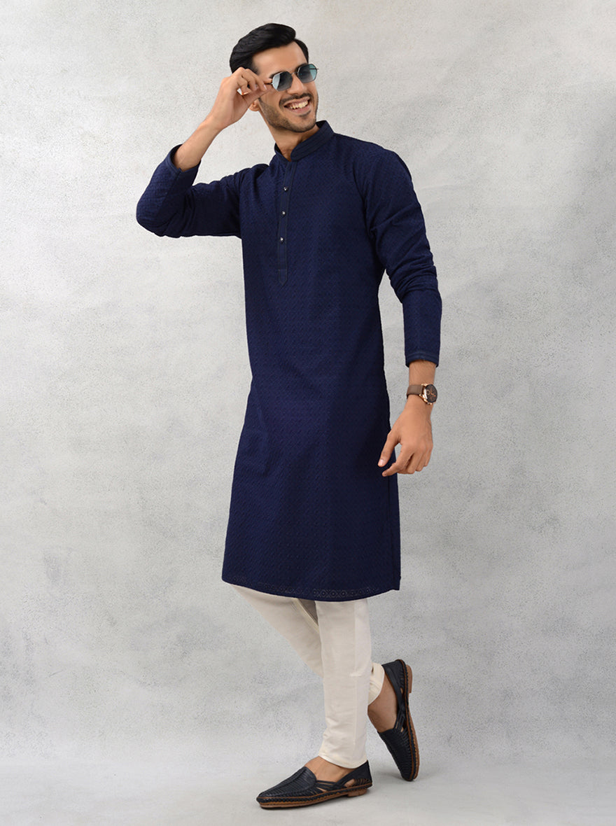 Stylish Navy Blue Men’s Kurta Pajama with Mandarin Collar