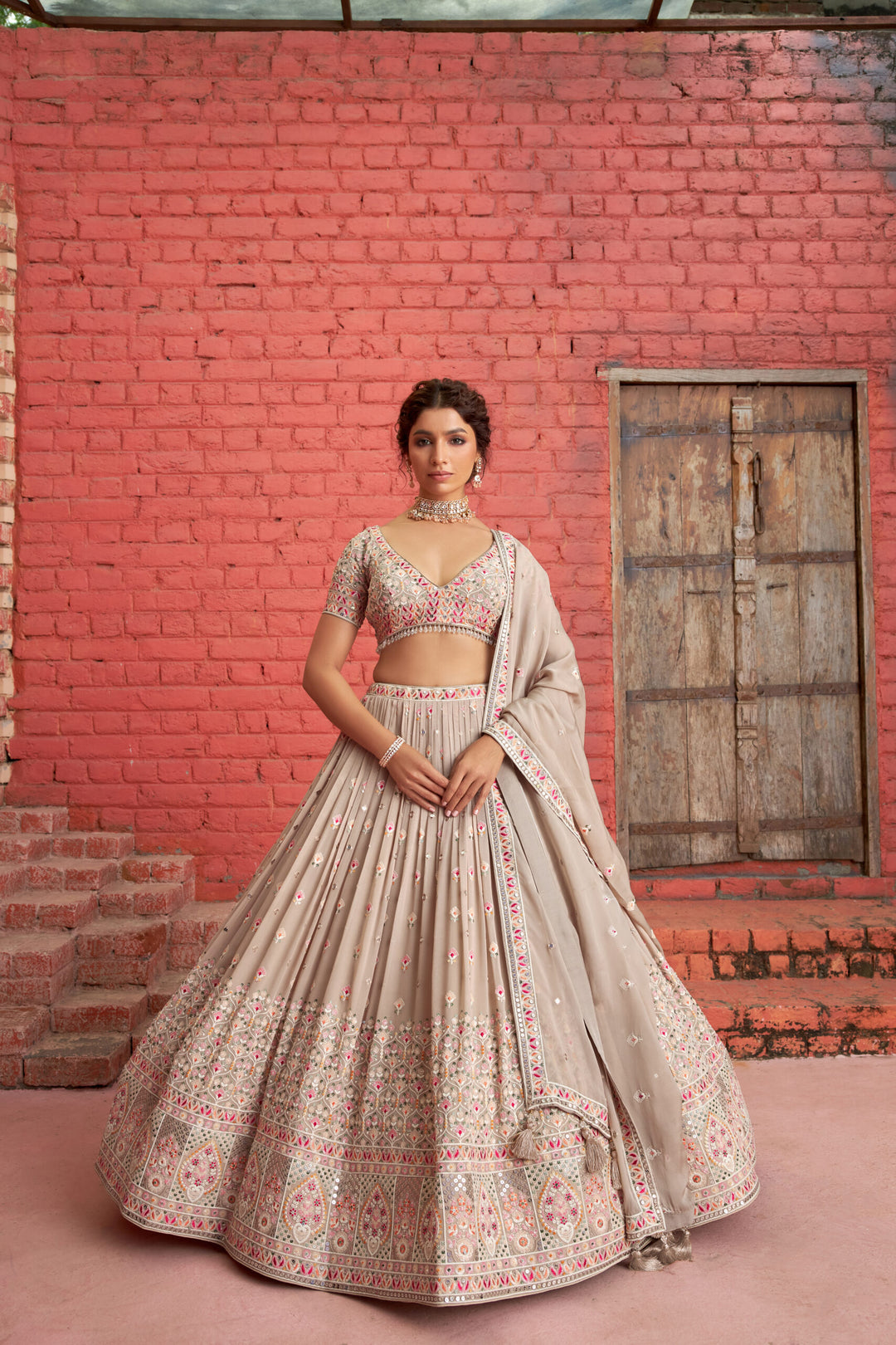 Beige embroidered lehenga in lightweight georgette, featuring sequins and a stylish dupatta