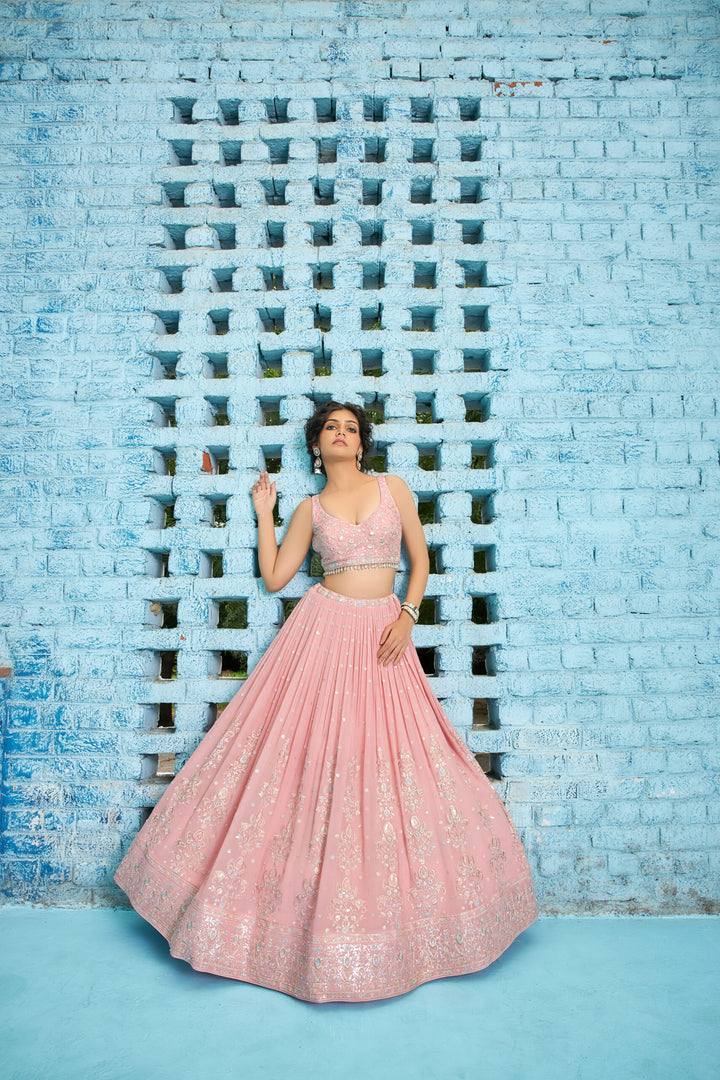 Elegant baby pink party lehenga for women, georgette fabric with stylish choli design