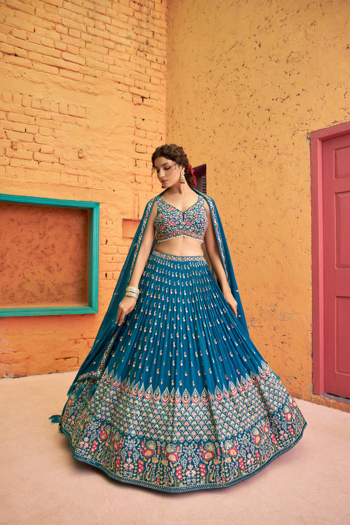 Chic blue georgette lehenga with sequins embroidery, accompanied by a coordinating dupatta for special events