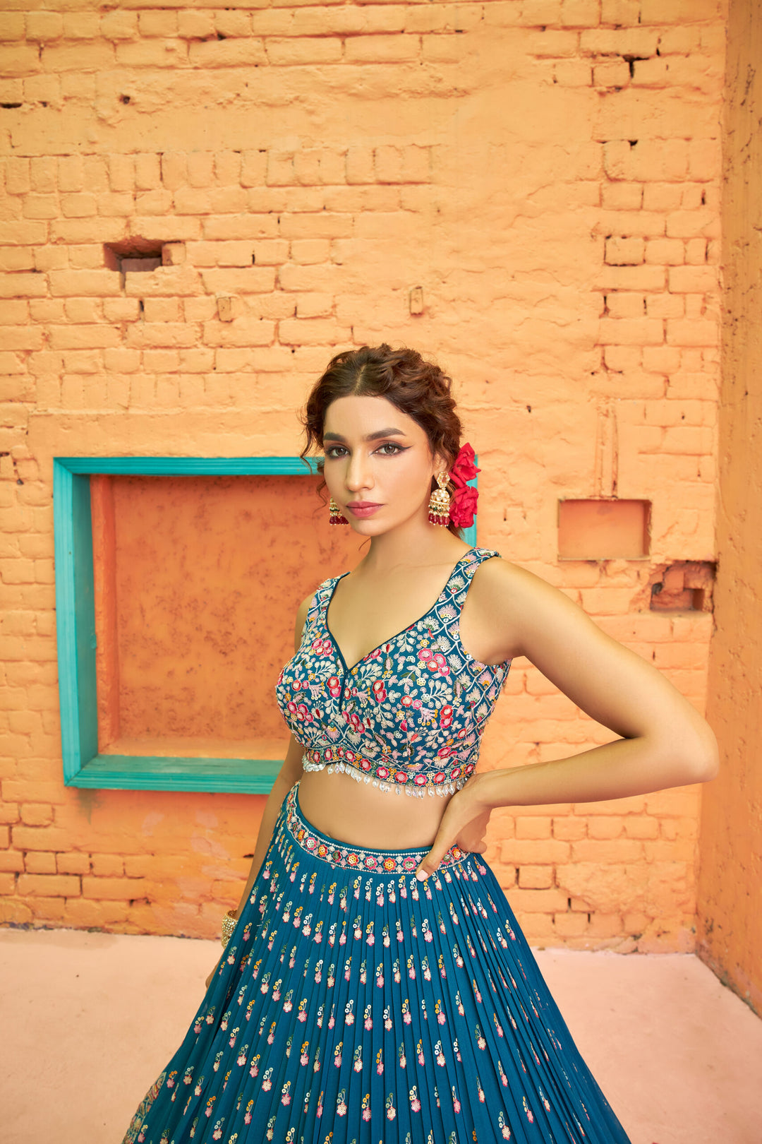 Trendy blue lehenga set with stunning sequins and a stylish dupatta, suitable for modern and ethnic wear