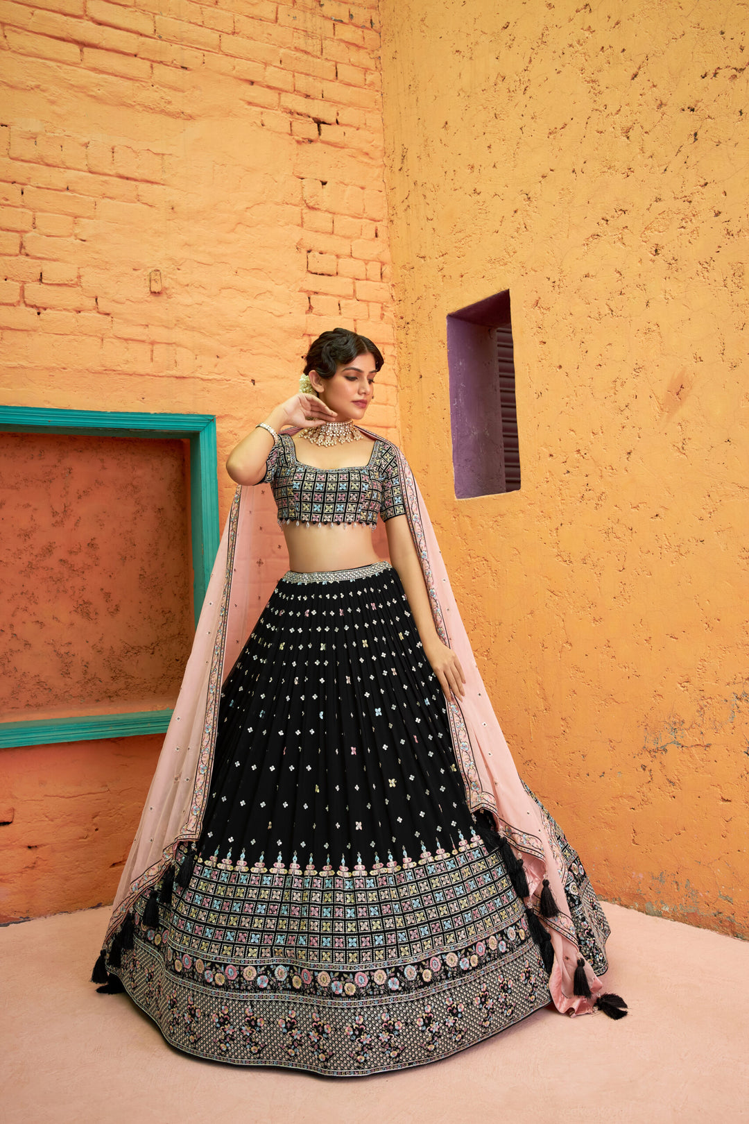 Gorgeous black lehenga choli made of soft chiffon, featuring a stylish choli and dupatta, perfect for festive celebrations