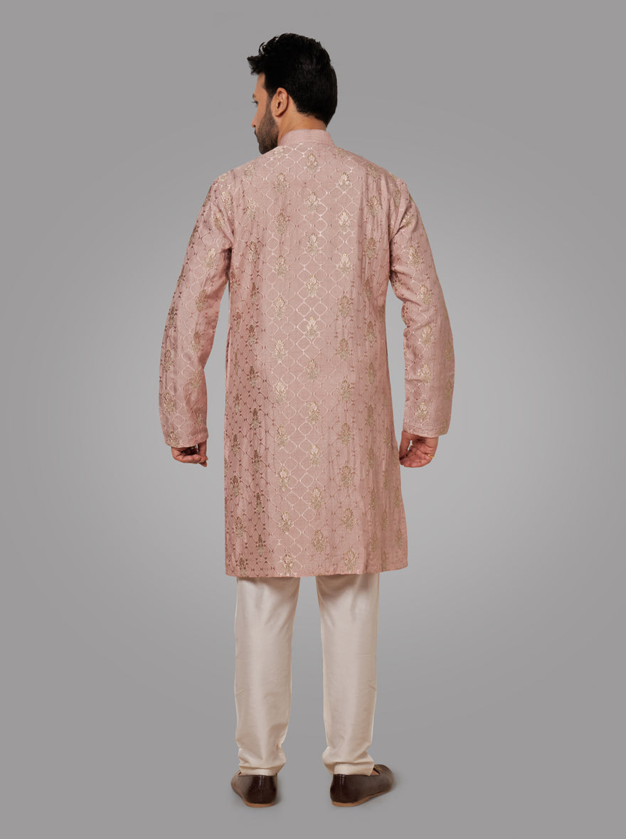 Traditional onion pink kurta set with intricate resham and kasab work, ideal for festive occasions and weddings.