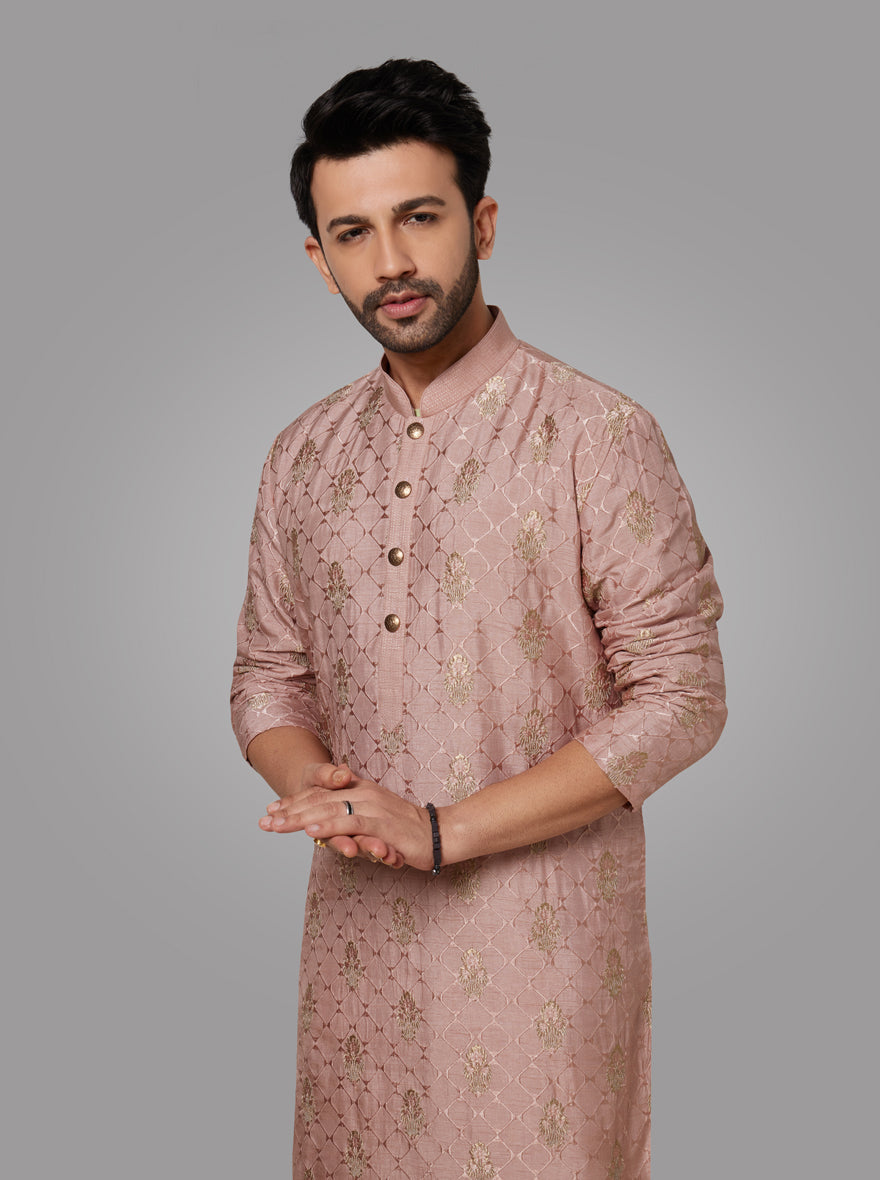 Men's embroidered onion pink kurta pajama, silk blend, perfect for pre-wedding functions and celebrations.