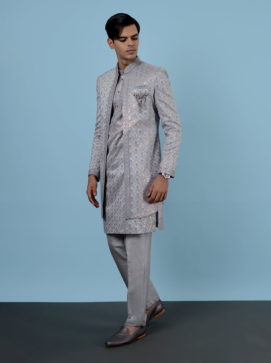 Elevate your style with this Lilac & Grey Indowestern, designed for fashion-forward individuals in the USA, featuring luxurious Silk Blend and intricate Resham and sequins work.