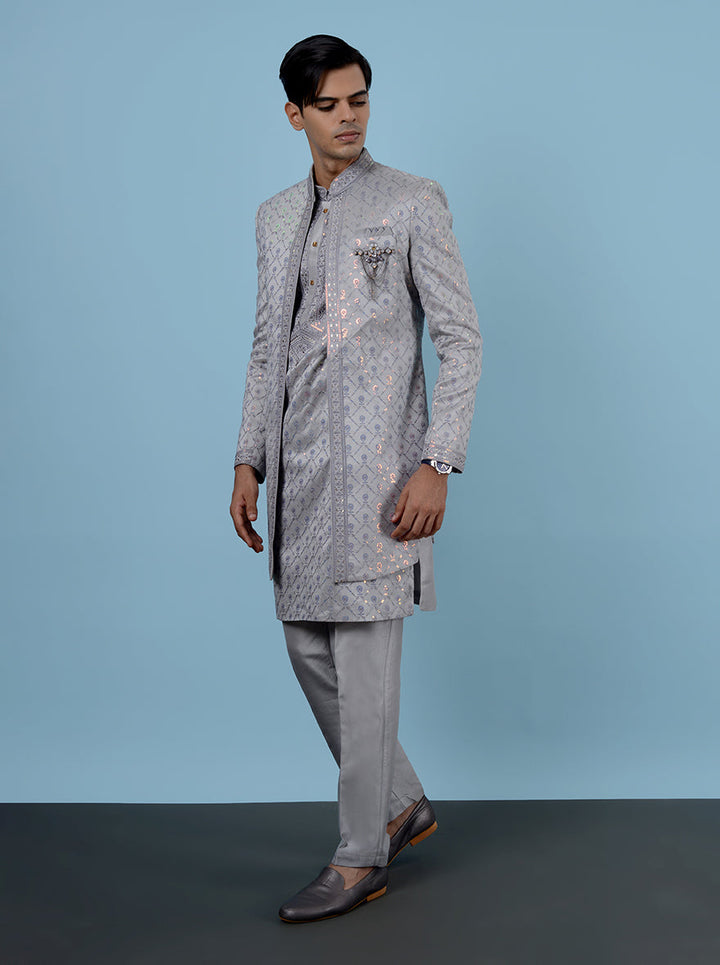 Elevate your style with this Lilac & Grey Indowestern, designed for fashion-forward individuals in the USA, featuring luxurious Silk Blend and intricate Resham and sequins work.