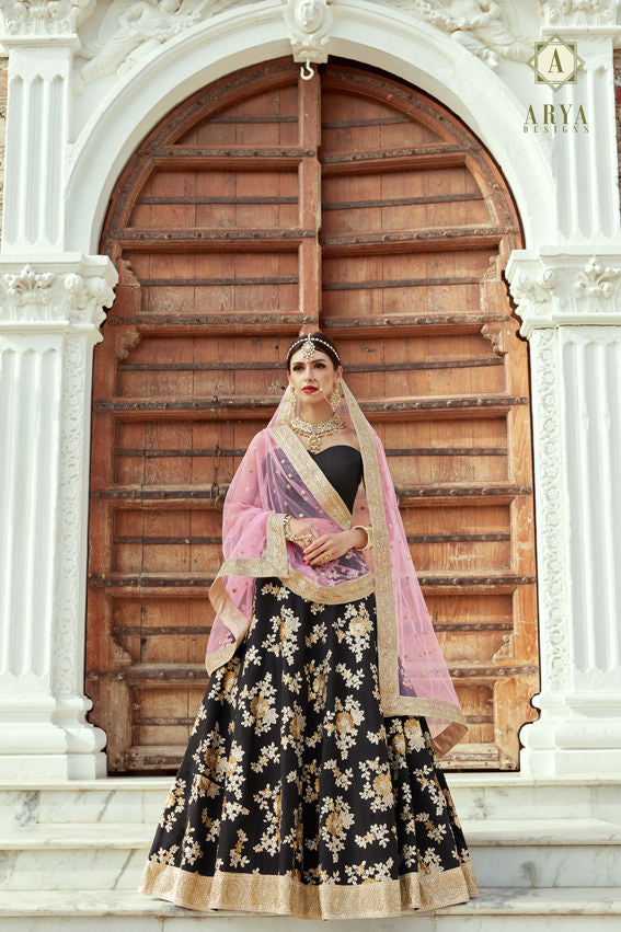 Black and Gold Zari Lehenga | Sweetheart Neckline Blouse and Pink Dupatta