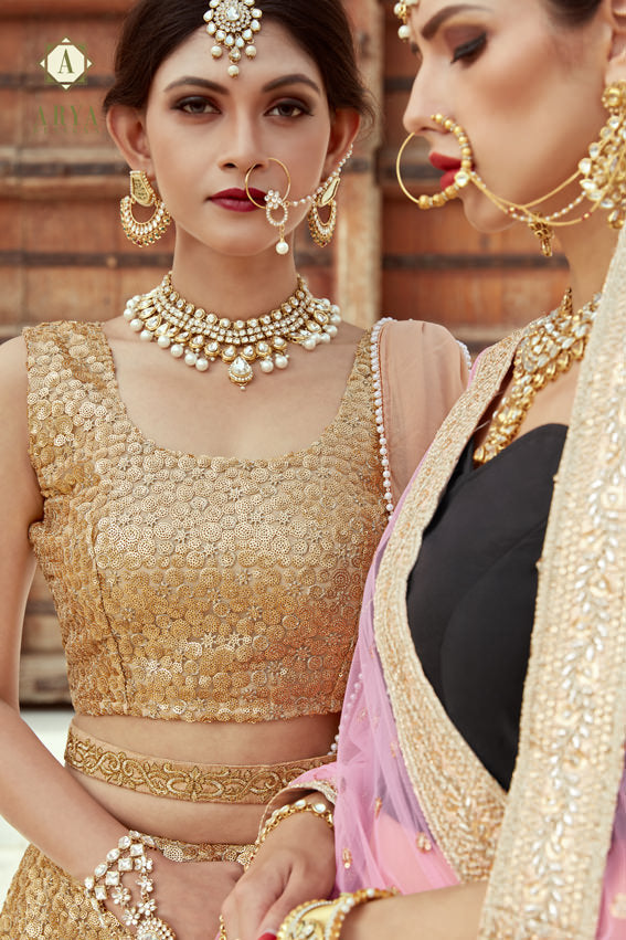 Black and Gold Zari Lehenga | Sweetheart Neckline Blouse and Pink Dupatta