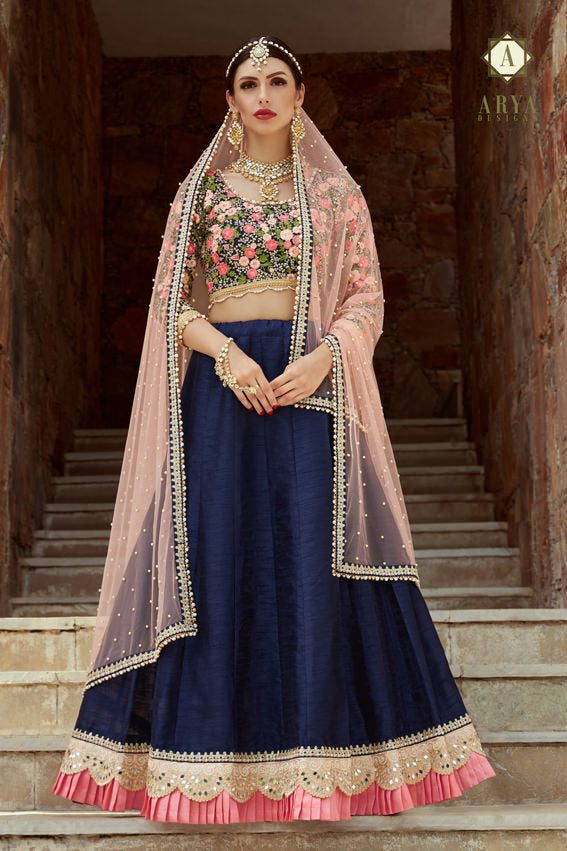 Navy Blue Bridesmaid Lehenga | Mirror Embroidery with Peach Dupatta