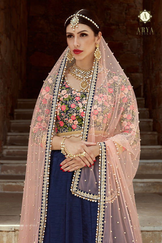 Navy Blue Bridesmaid Lehenga | Mirror Embroidery with Peach Dupatta