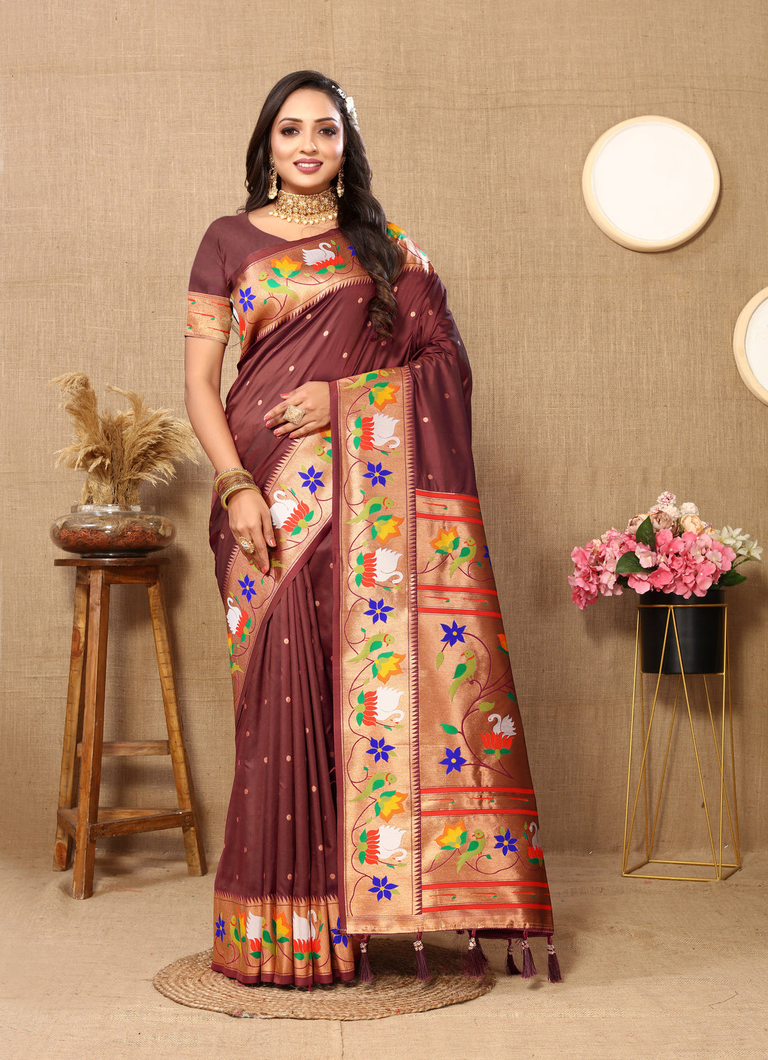 Yellow Paithani silk saree, meenakari weaving with zari border.