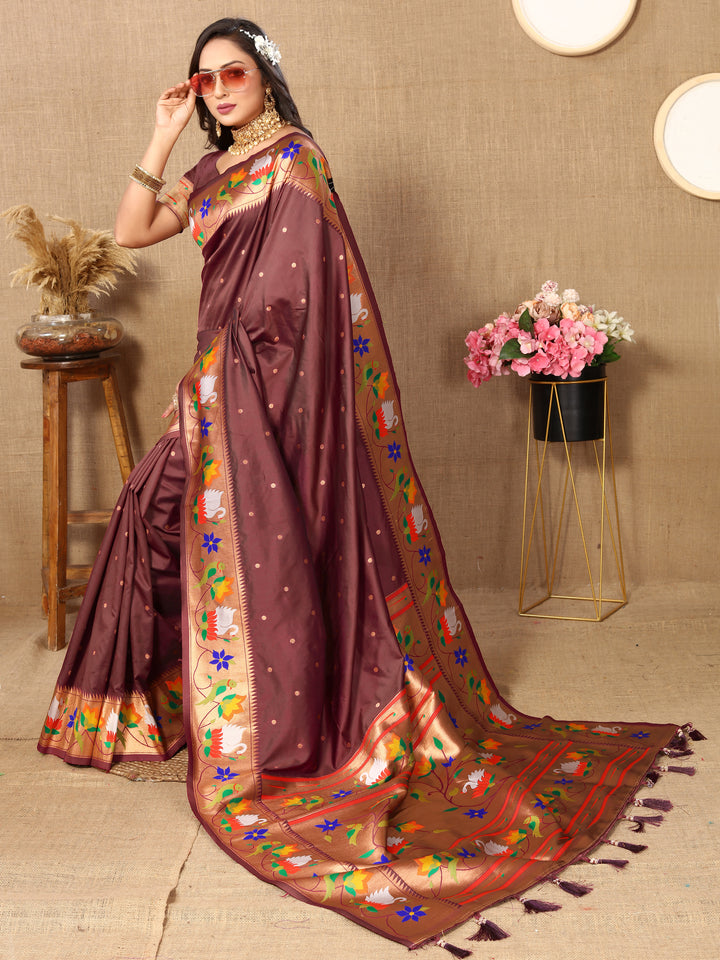 Wine Paithani silk saree with meenakari weaving, zari border.