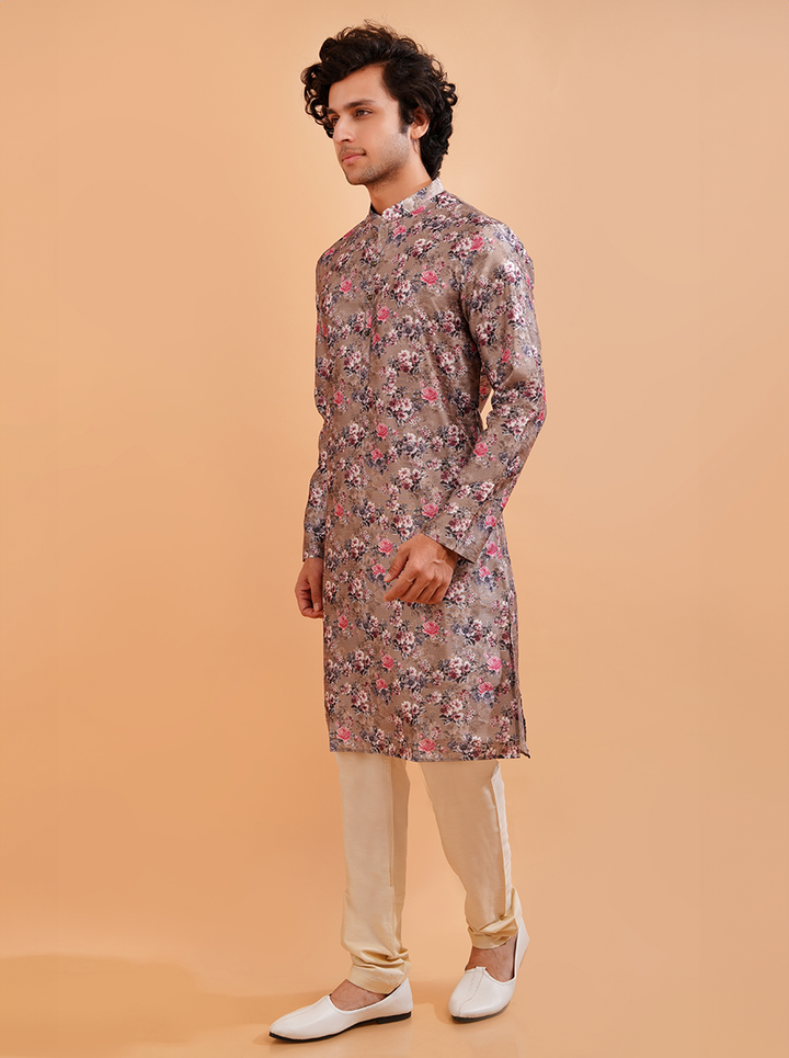 Stylish pink silk blend kurta pajama set for men, ideal for weddings and traditional events.