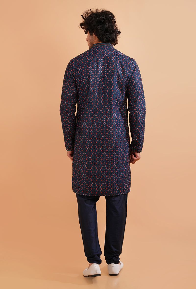 Navy blue embroidered silk kurta set, designed for USA men’s wear.