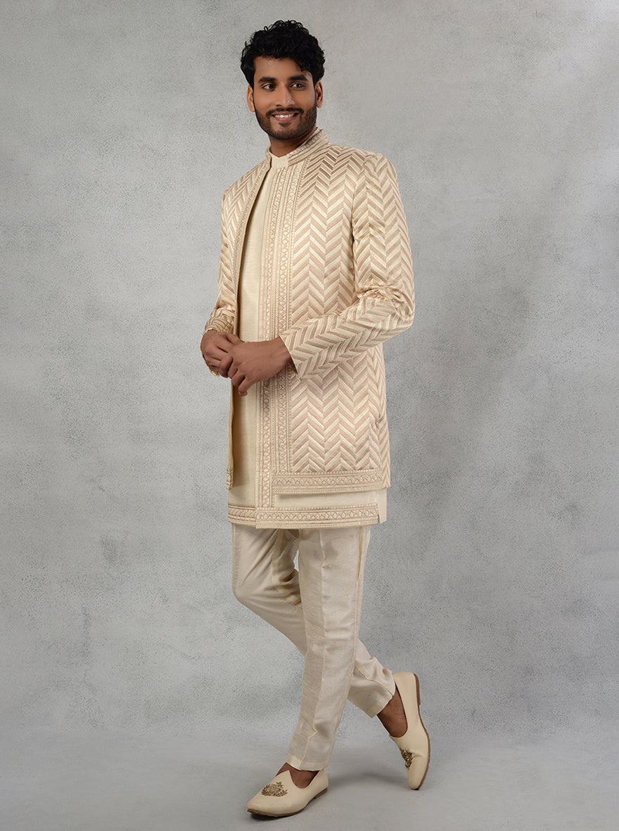 Fawn embroidered indowestern with resham work for men