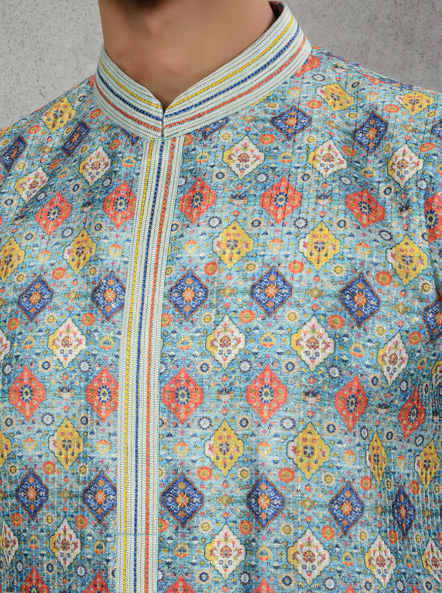 Pre-wedding blue silk blend kurta pajama with embroidery for men