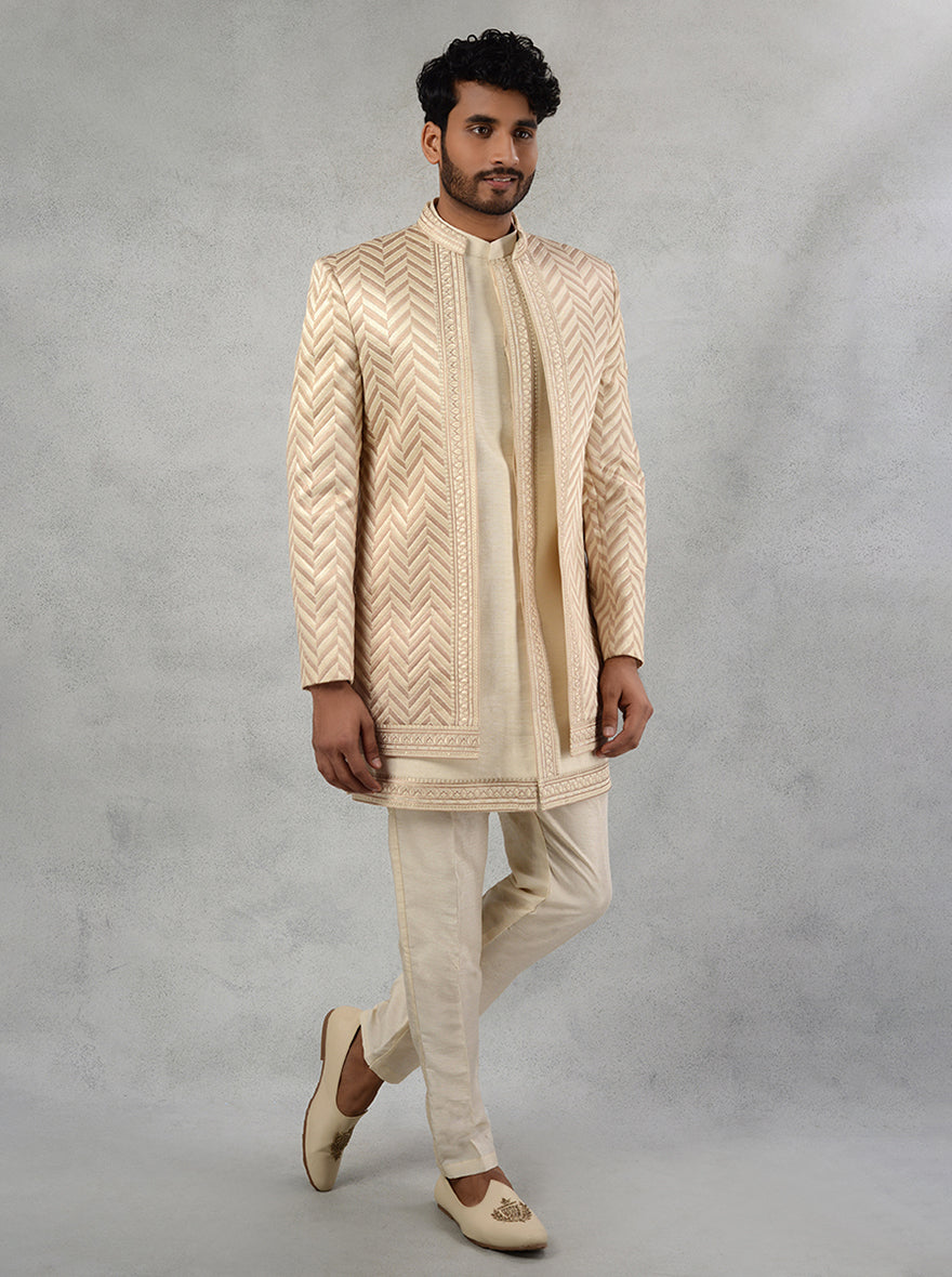 Discover the elegance of Beige Silk Blend Indo Western, designed for men seeking traditional charm in the USA.