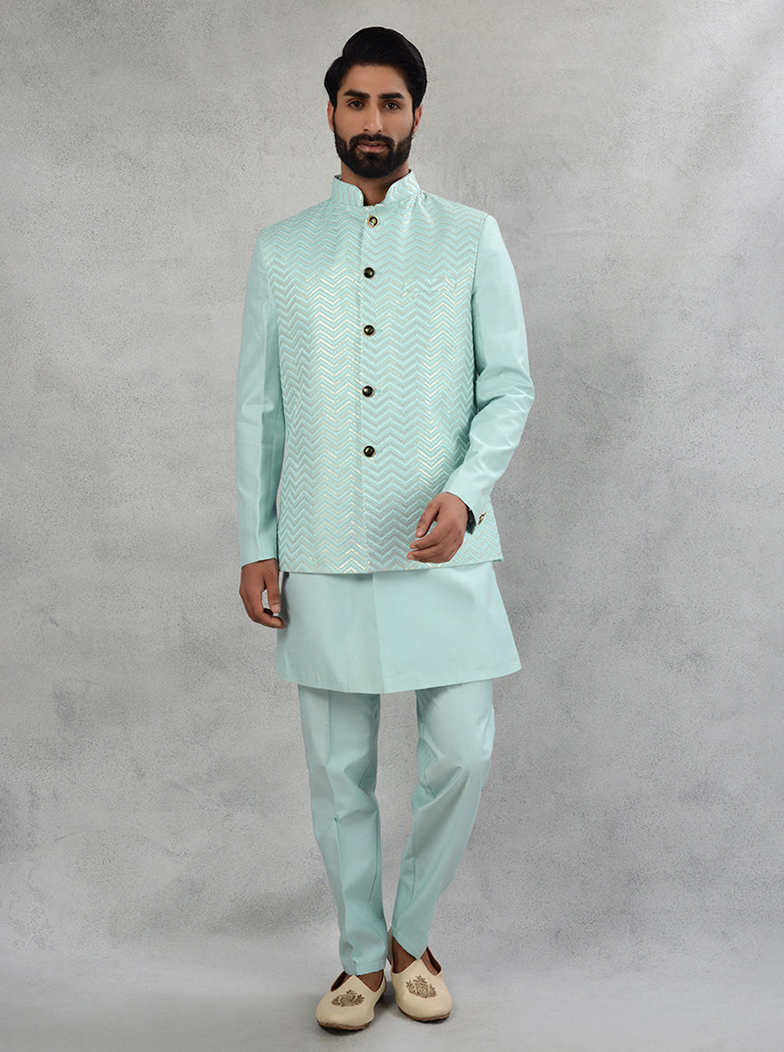 Men's sea green silk kurta set with resham and sequins work