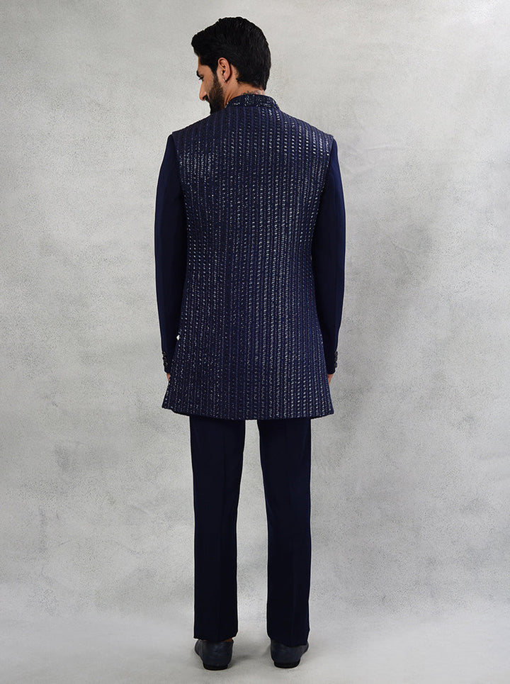 Navy blue indowestern for men with intricate sequins and resham work