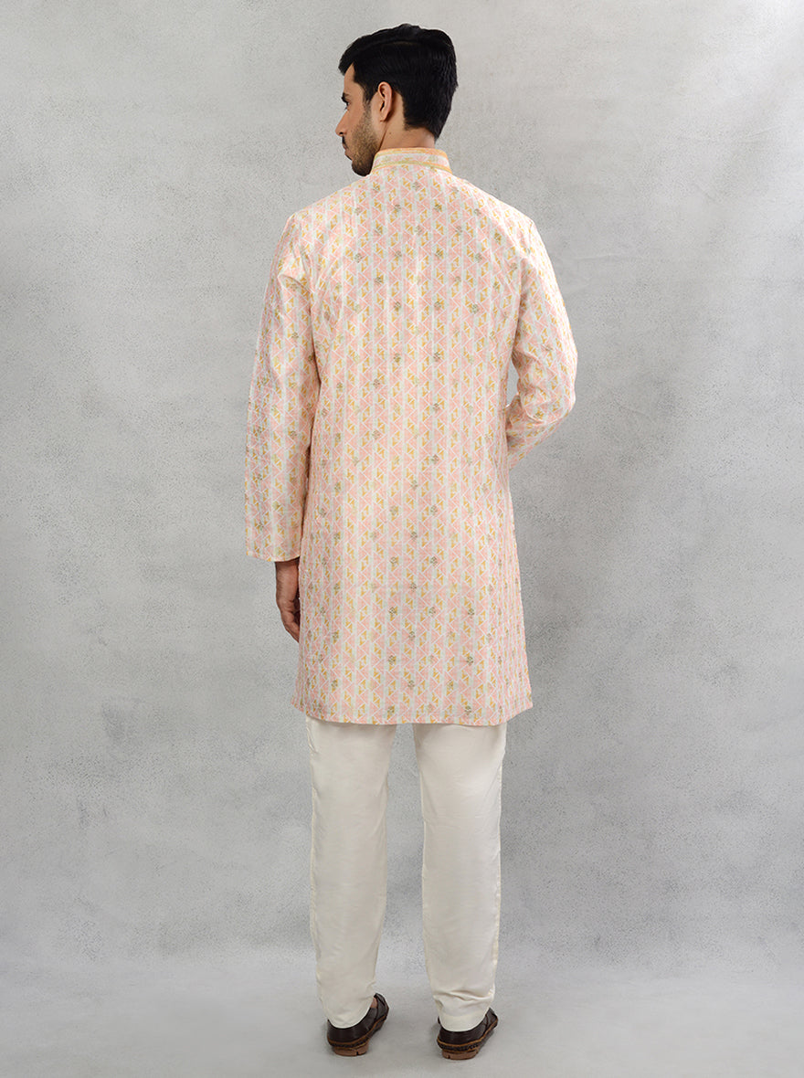 Elegant cream kurta pajama with resham embroidery for pre-wedding