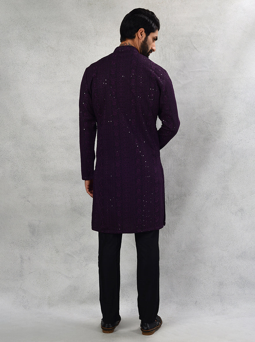 Silk blend wine kurta pajama with resham embroidery for men