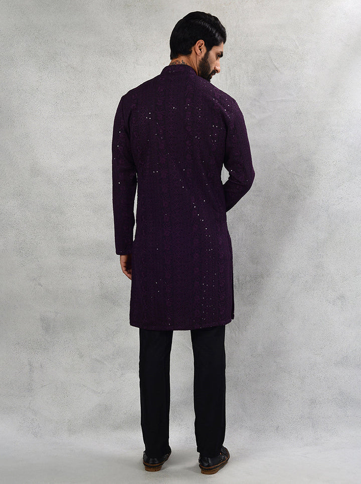 Silk blend wine kurta pajama with resham embroidery for men