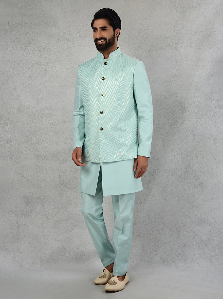 Stylish sea green kurta set with sequins embroidery and koti