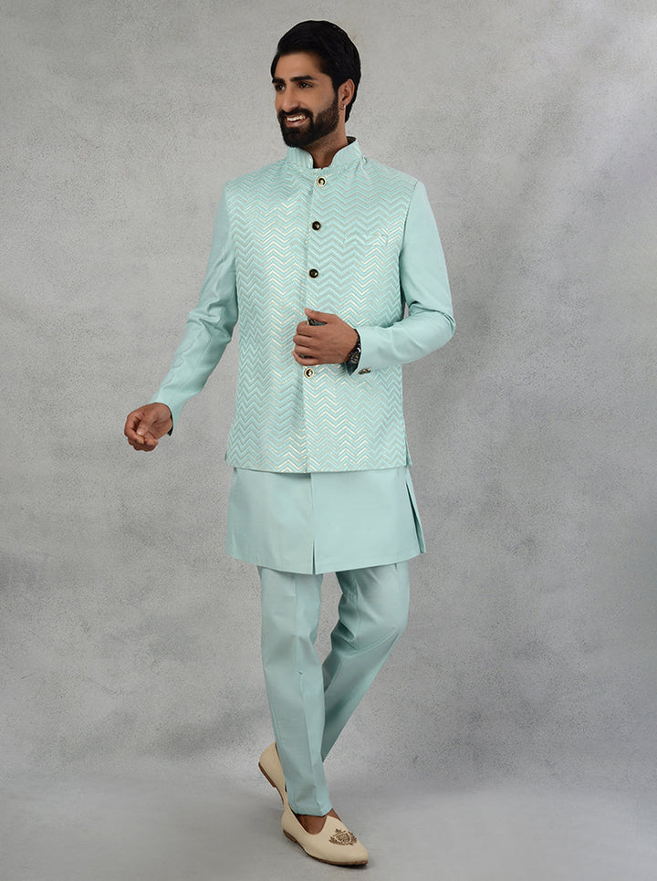 Elegant sea green kurta set with koti for sangeet functions