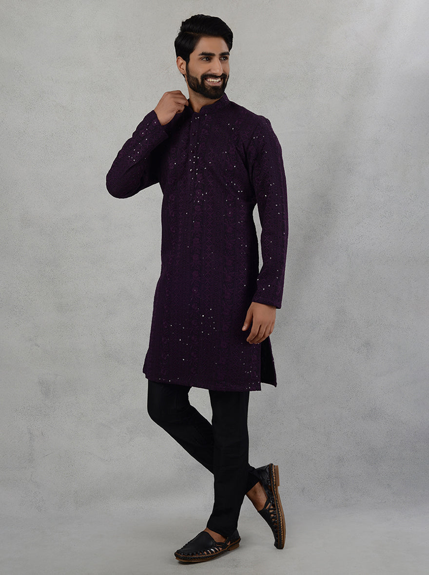 Elegant wine kurta pajama with resham and sequins for pre-wedding