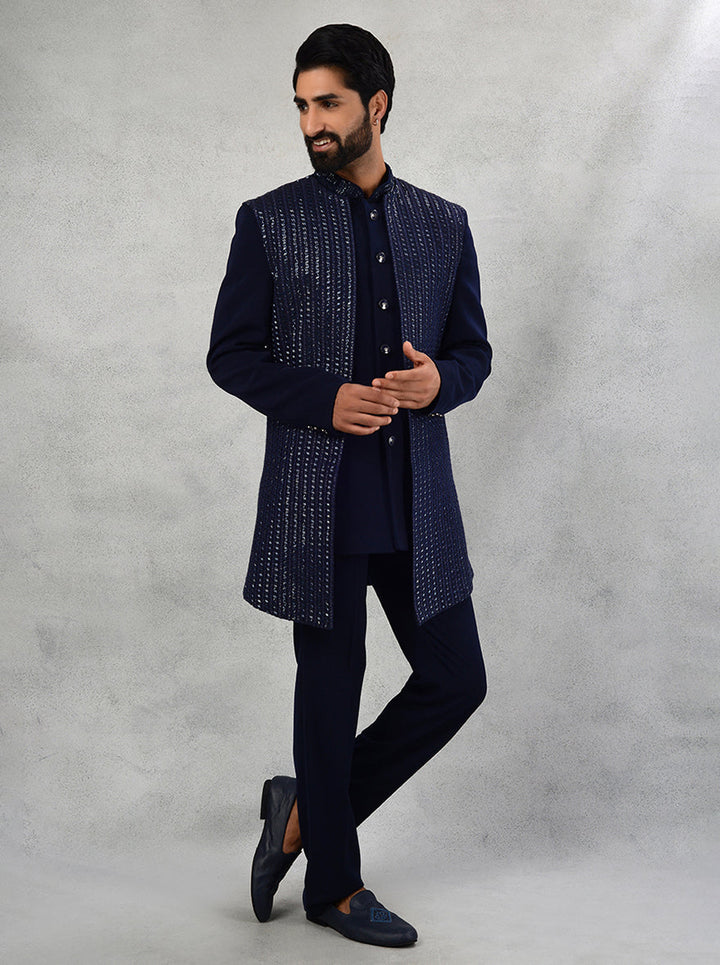 Men's navy blue silk blend indowestern for parties and special events